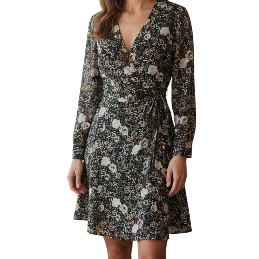 LEA & VIOLA Black Floral Long Sleeve Wrap Mini Dress NWOT Small